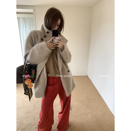 殷三吉温柔风情双排扣羊毛大衣