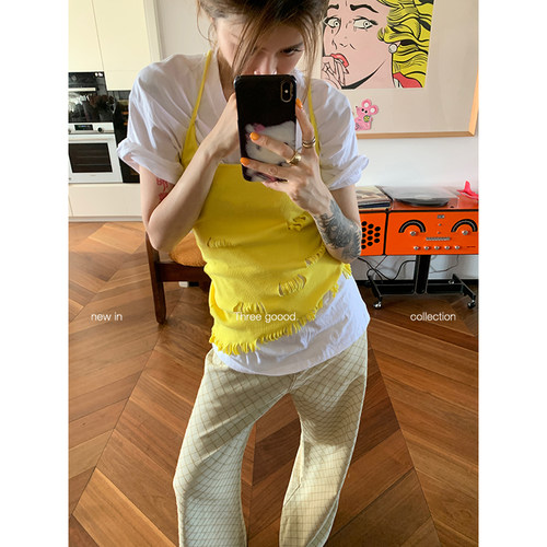 不规则毛边洗旧针织后背绑带背心