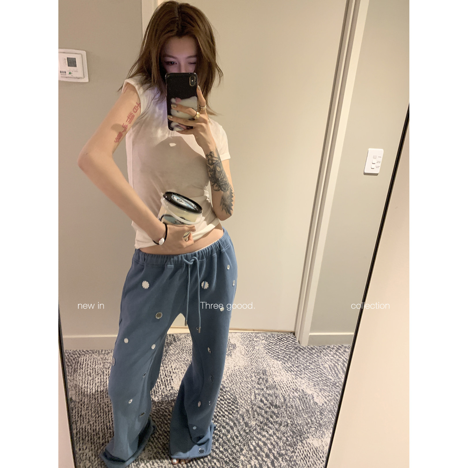 THREE GOOOD殷三吉自带闪光灯！不规则镜片刺绣 抽绳直筒阔腿卫裤