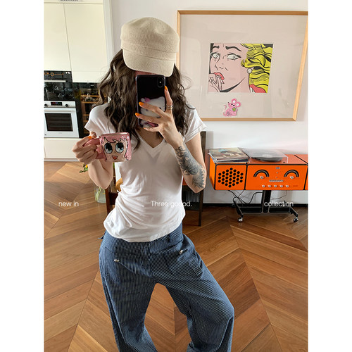 THREE GOOOD殷三吉 天丝莱赛尔弯刀显瘦毛边短袖T恤上衣