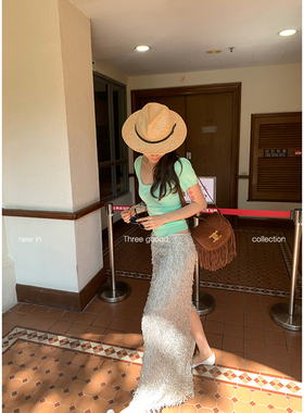 THREE GOOOD殷三吉老钱风时尚百搭显瘦立体流苏半身裙Y725G00690