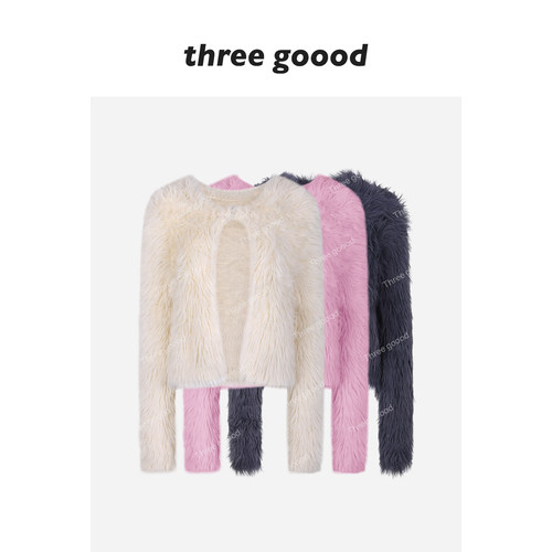 THREE GOOOD殷三吉 毛针织衫女2025冬季休闲时尚显瘦毛毛开衫上衣