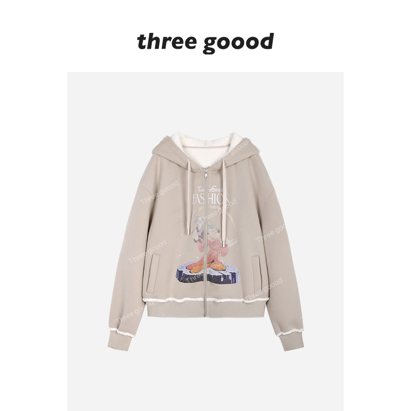 THREE GOOOD殷三吉 做旧动漫感印花开衫卫衣加绒加厚款Y725D20238