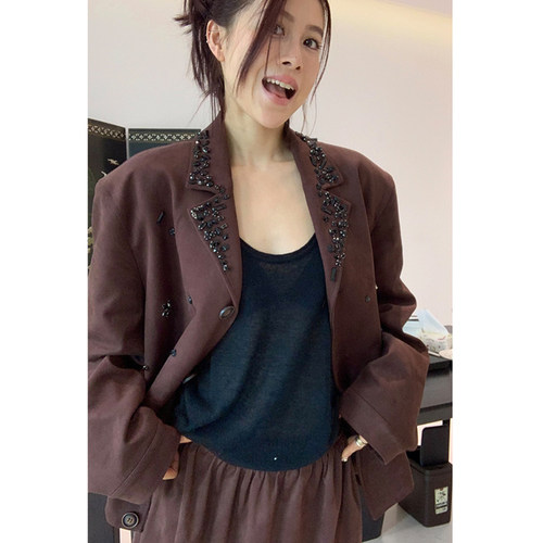 THREE GOOOD殷三吉（咖色）帅气出街仲夏夜星空钉珠西装外套