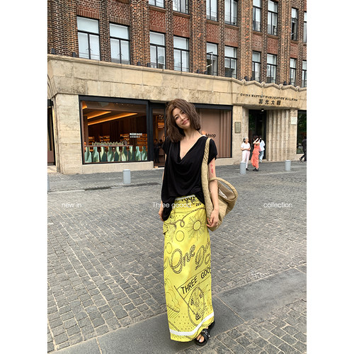 雪纺印花抽褶飘带半身裙