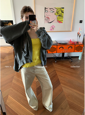 THREE GOOOD殷三吉 复古菱格纹撞色绣花直筒宽松牛仔裤时尚长裤