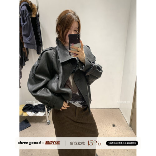 三吉90白鸭绒PU皮短款风衣