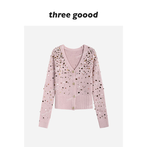 THREE GOOOD殷三吉 粉纱碎金亮片缀饰V领针织小开衫外套