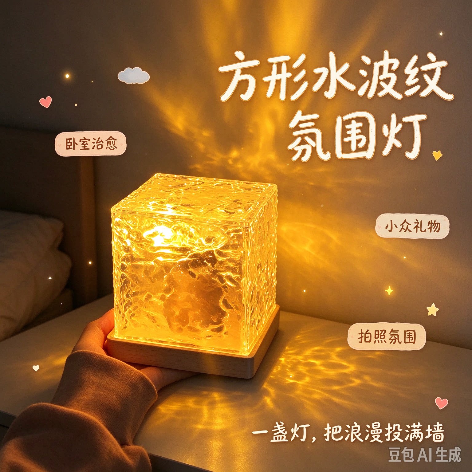 方形水波纹氛围灯 卧室床头小夜灯 浪漫投影灯生日礼物创意礼品