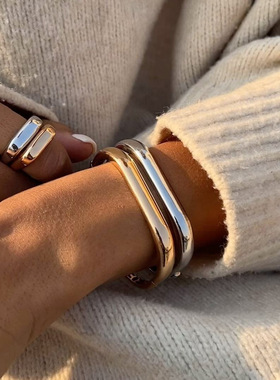 欧美钛钢镀金简约方形手镯跨境高级感小众时尚卡扣中古风手环手饰