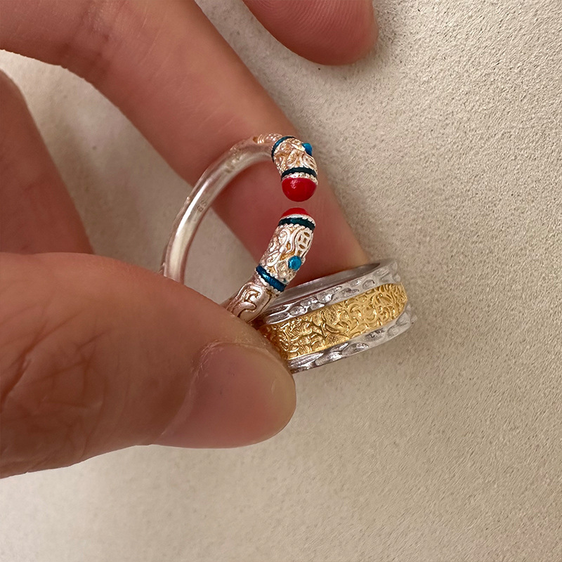 S925纯银唐草纹金银拼接复古戒指
