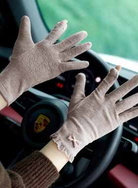 秋季露指手套女士开车骑行薄款冬季细绒保暖防寒触屏短款蕾丝春秋