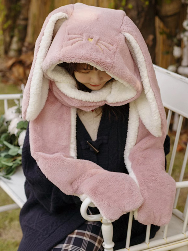 한국식 겨울 일본식 학생 머플러 장갑 모자 귀여운 토끼 사이클링과 보온성을 유지하는 벨벳이 포함된 3피스 세트