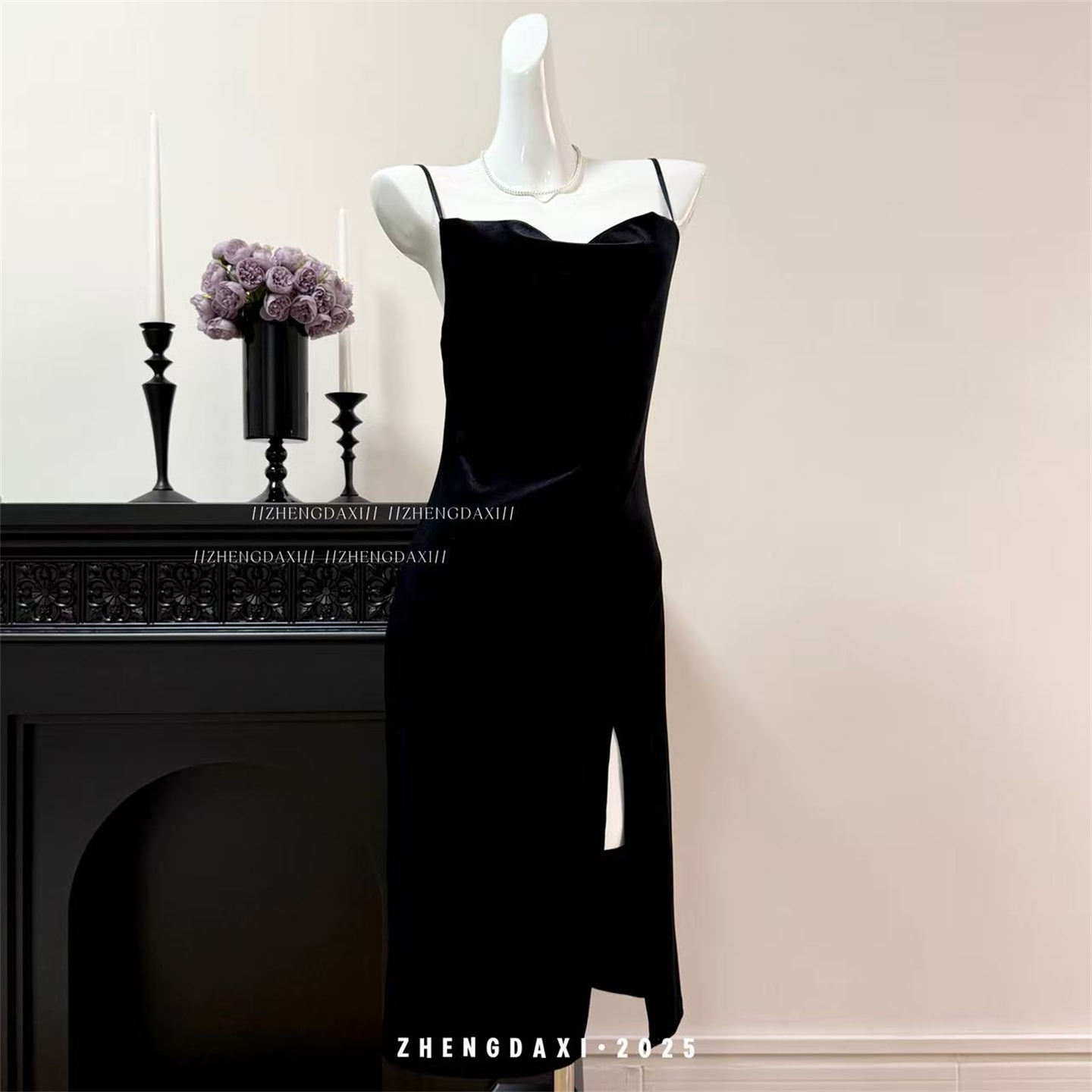 法式黑色金丝绒吊带睡衣连衣裙