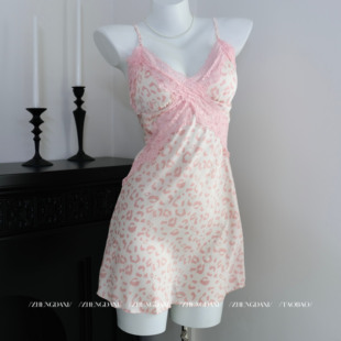 Painting girl粉红小豹纹 睡衣女款2025新款冰丝吊带性感纯欲睡裙