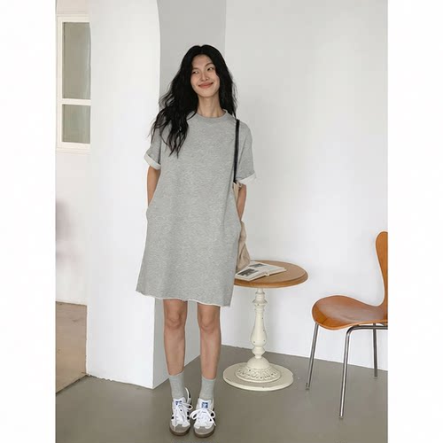 EIGHTHMONTH灰色休闲卷边T恤连衣裙夏遮肚子显瘦显高卫衣裙 3131J