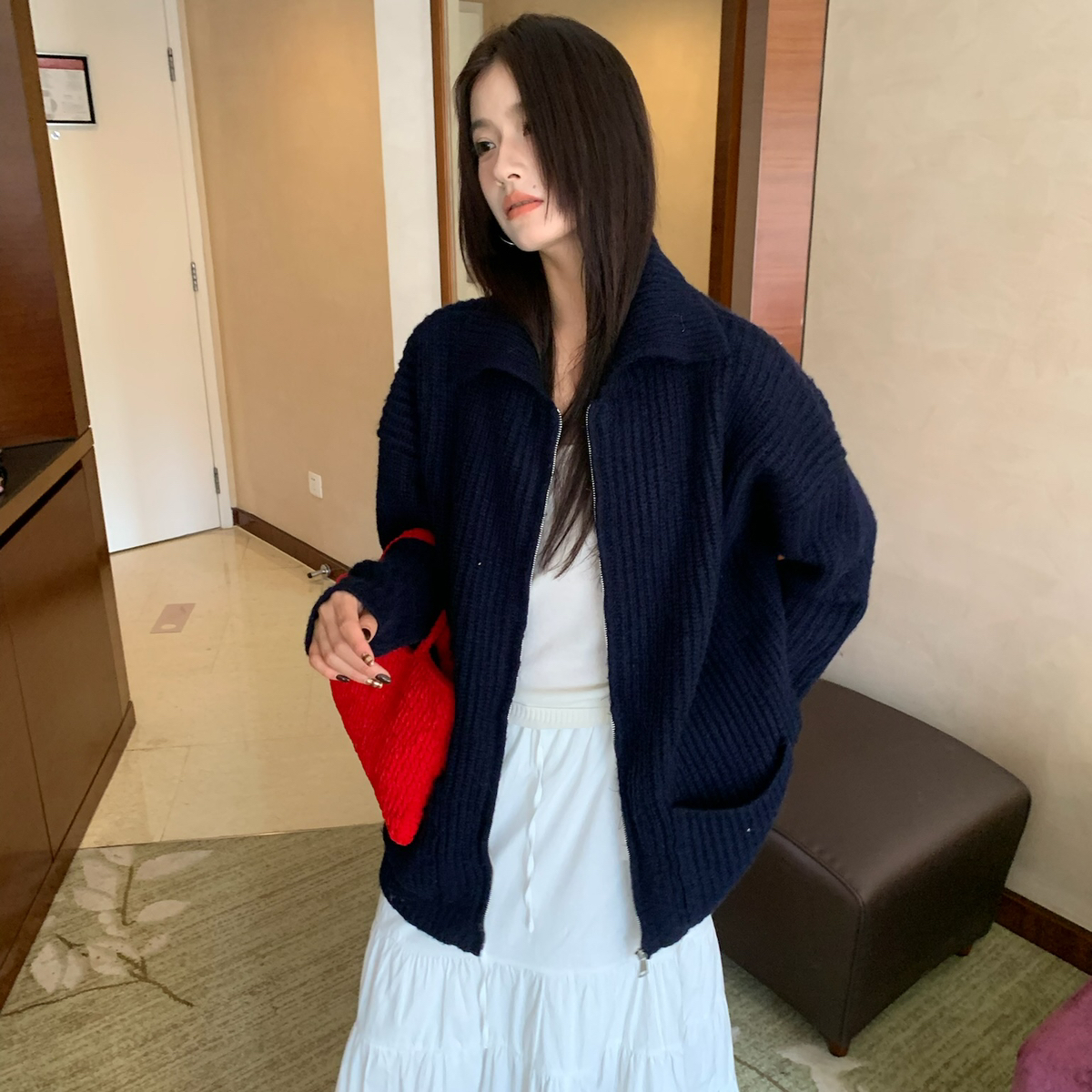 TABLE翻领针织外套女秋季韩系显瘦纯色保暖长袖毛衣针织开衫8991