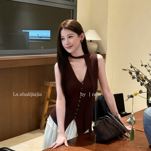 LS 法式气质v领针织背心女广州十三行2026早秋新款女装上衣60117#