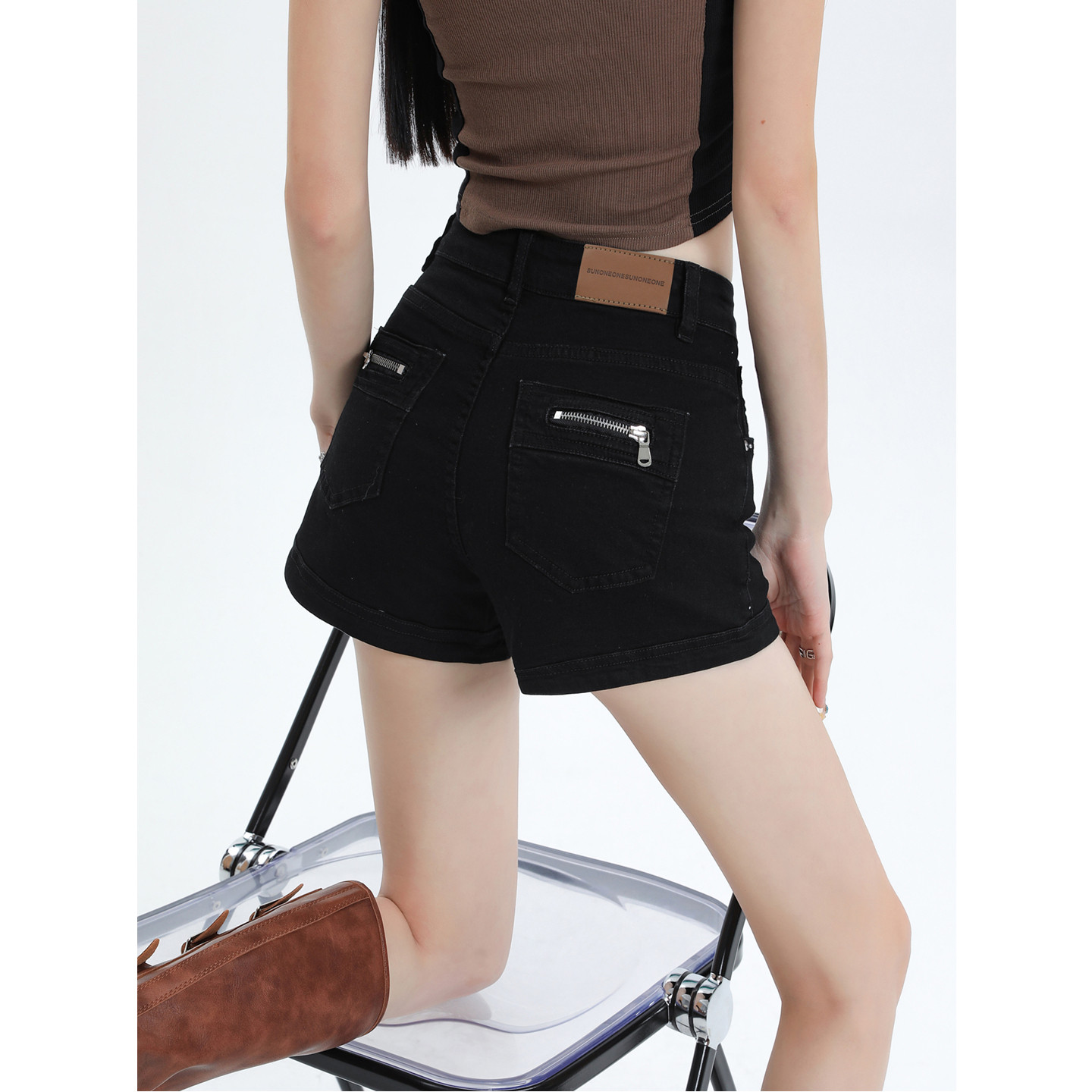 李大颖｜黑色牛仔短裤女夏季高腰复古后拉链a字弹力宽松显瘦热裤