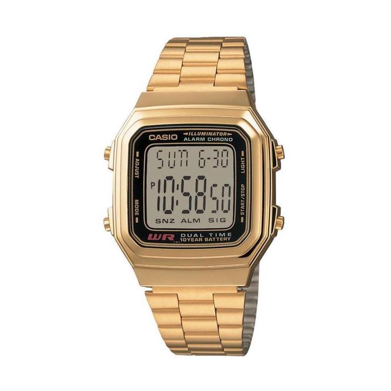 代购卡西欧男士腕表闹钟计时夜光双时区金属钢带防水金色日常