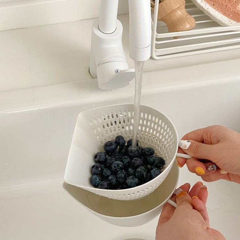 简约日式平口双层沥水篮洗菜篮子家用厨房淘米篮洗水果小型可悬挂