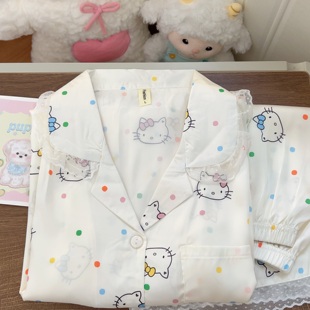 冰丝睡衣女卡通可爱蕾丝翻领甜妹休闲短袖 波点Kitty夏季 家居服