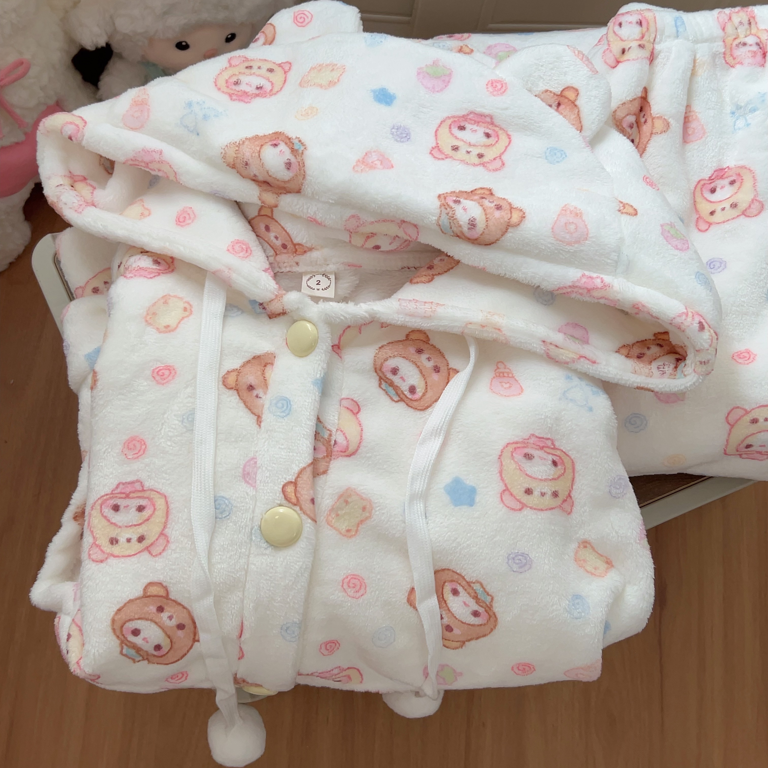 轻松熊冬季法兰绒睡衣女卡通可爱连帽套装长袖加厚宅家保暖家居服