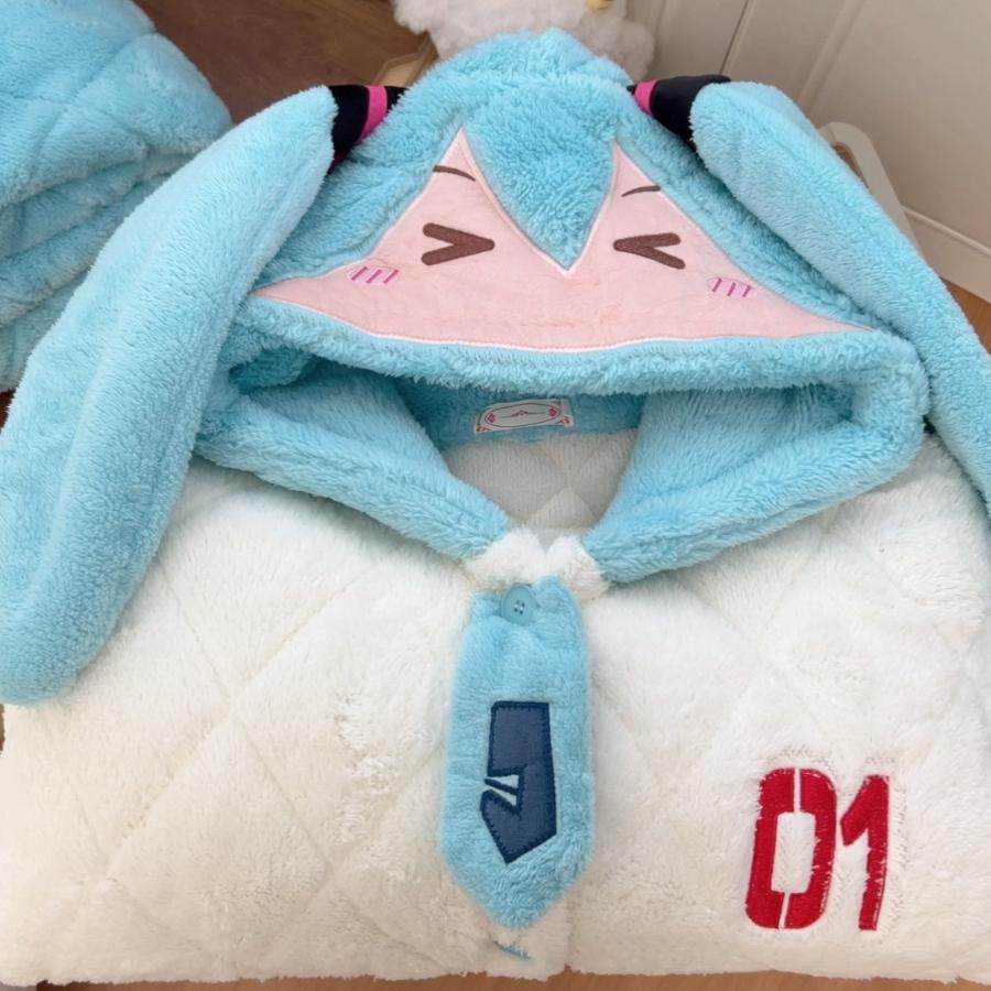 【初音01三层夹棉】睡衣女可爱睡袍冬季加绒加厚保暖睡袍连帽套装