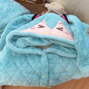 冬季新款初音夹棉睡衣袍套女加绒加厚卡通可爱萌妹子保暖家居服