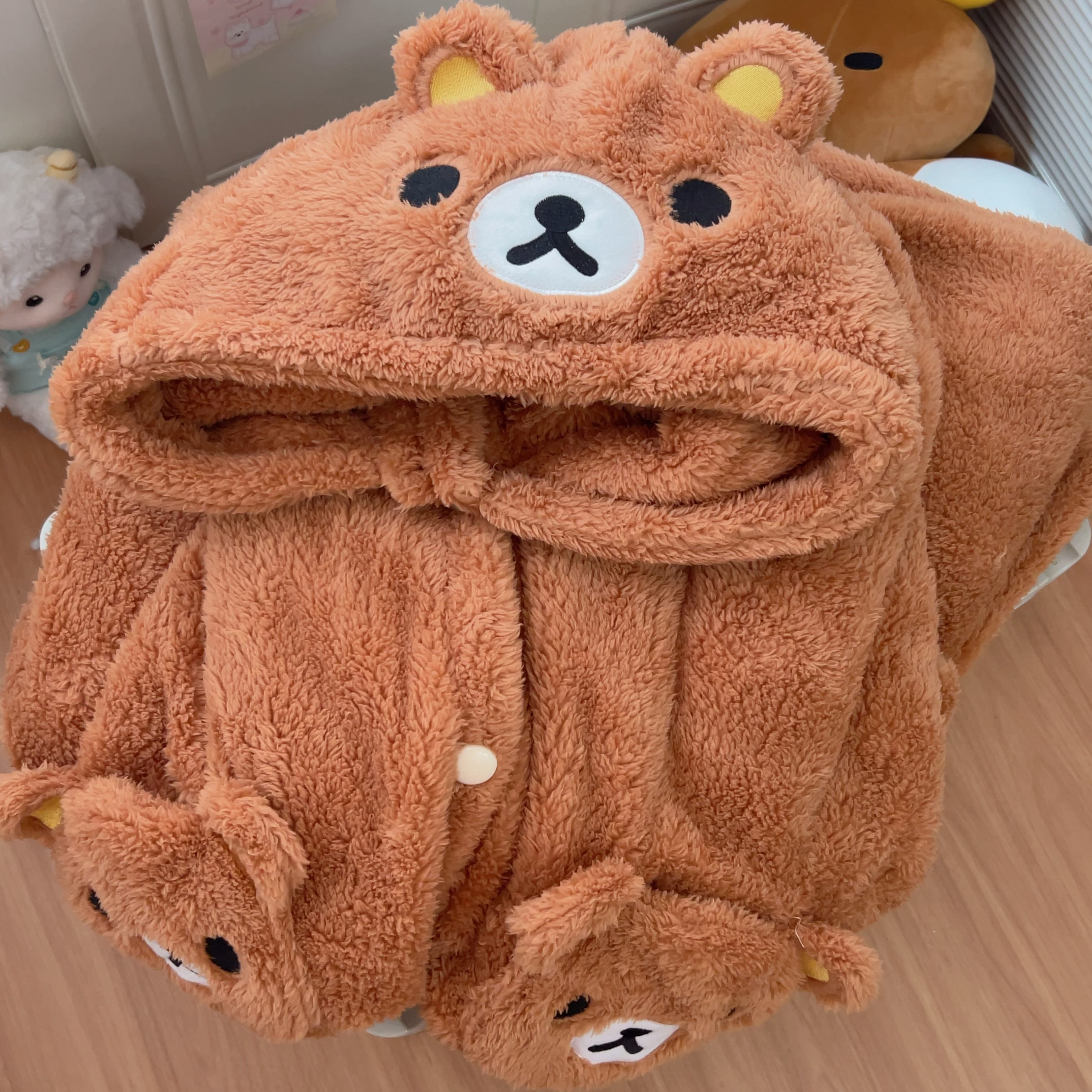 冬季珊瑚绒睡袍女卡通可爱轻松熊连帽斗篷套装加绒加厚宅家家居服