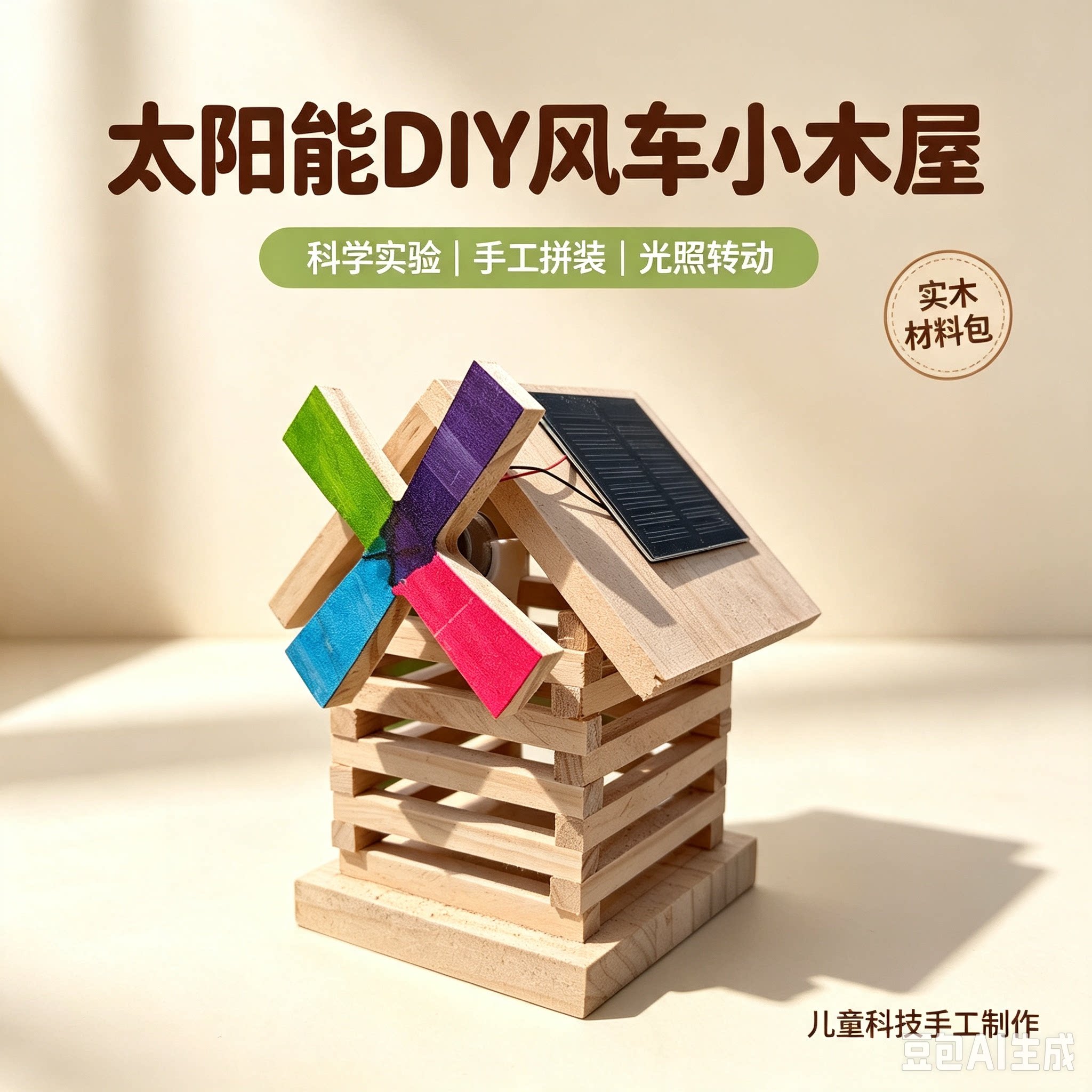 科学实验小制作 DIY太阳能木屋风车小发明 手工拼装积木风扇模型