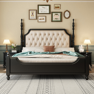 輕奢雙人床歐式 鄉(xiāng)村簡(jiǎn)約主臥婚床公主真皮床 實(shí)木復(fù)古床美式 法式