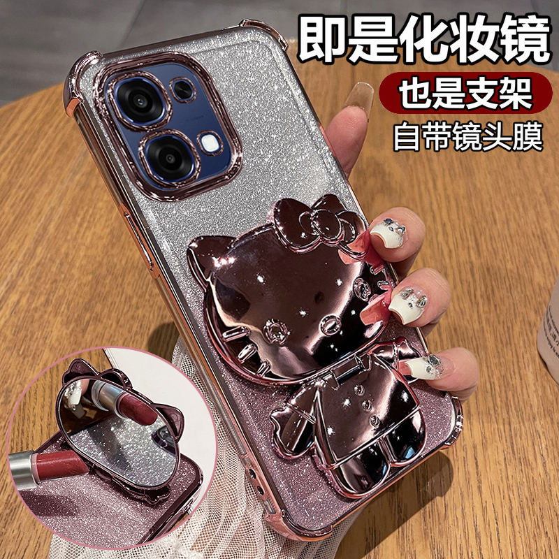 适用oppoA6闪粉带支架镜子猫壳