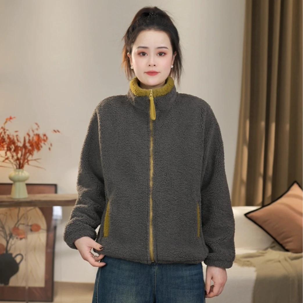 休闲风撞色立领摇粒绒外套女加绒加厚保暖百搭显瘦短外套宽松上衣