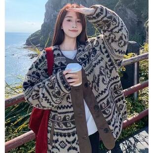 复古皮毛一体羊羔毛外套女中长款宽松加厚百搭提花大码懒散风上衣