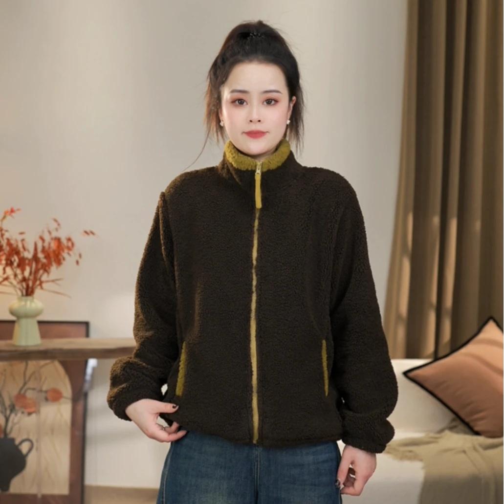 冬季加绒时尚休闲百搭领子撞色防风保暖宽松加厚立领外套女装拉链