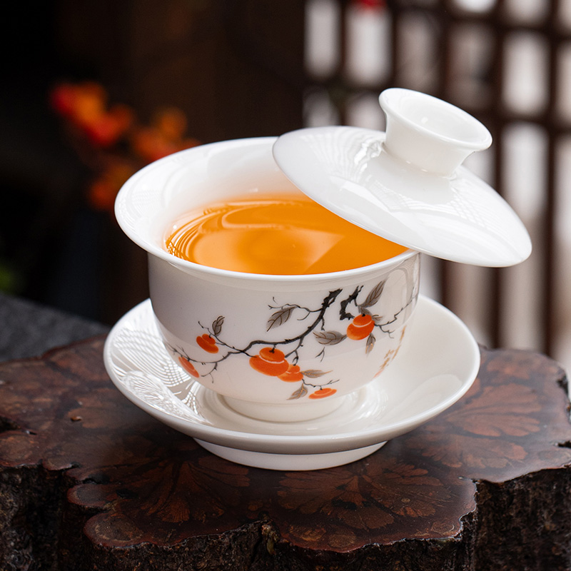 盖碗茶杯单个羊脂玉瓷陶瓷三才泡茶碗功夫茶具茶碗敬茶杯沏茶碗