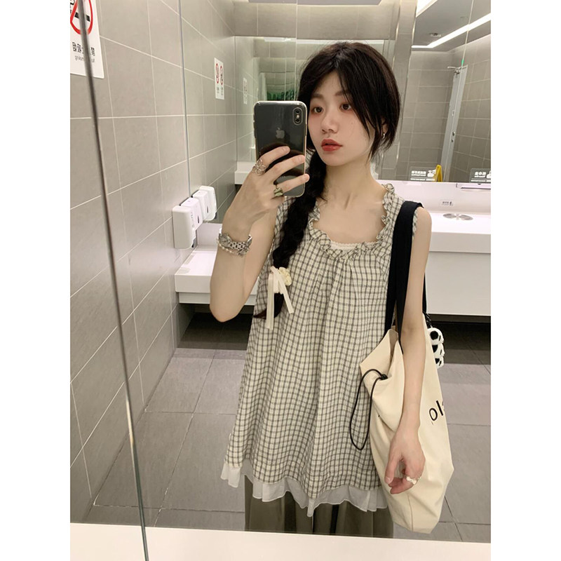 文艺复古花边领格子衬衫背心女夏季设计感宽松套头无袖上衣高级感
