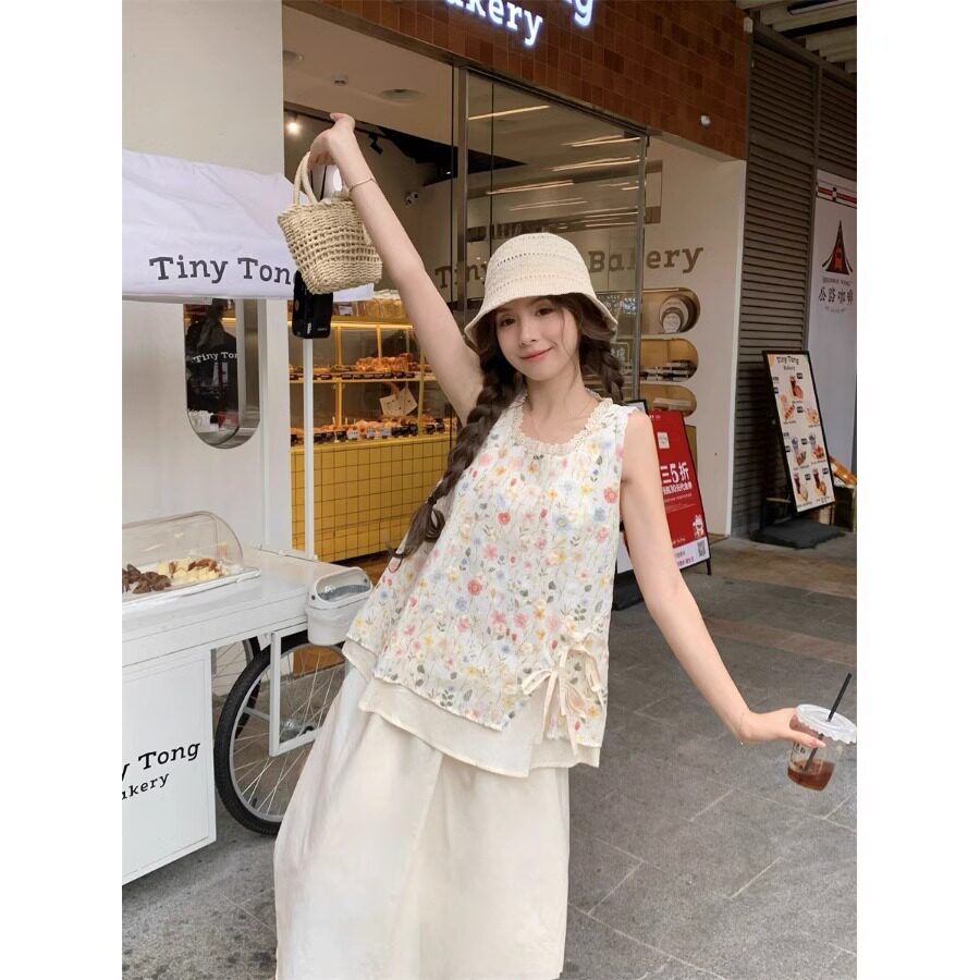 小清新甜美碎花蝴蝶结吊带背心女装夏季海边度假宽松套头无袖衬衫