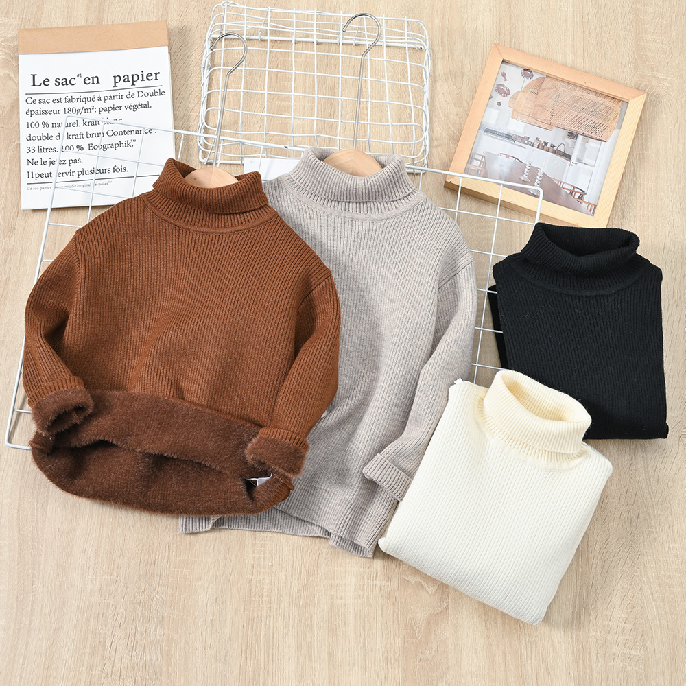 儿童纯色高领加厚套头线衫男童冬季毛衣加绒针织衫浣熊绒线衫秋冬