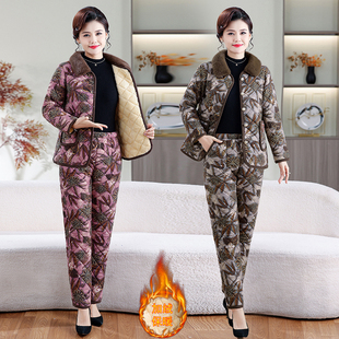 妈妈冬装加绒加厚家居棉服套装洋气中老年女装棉衣棉裤两件套保暖