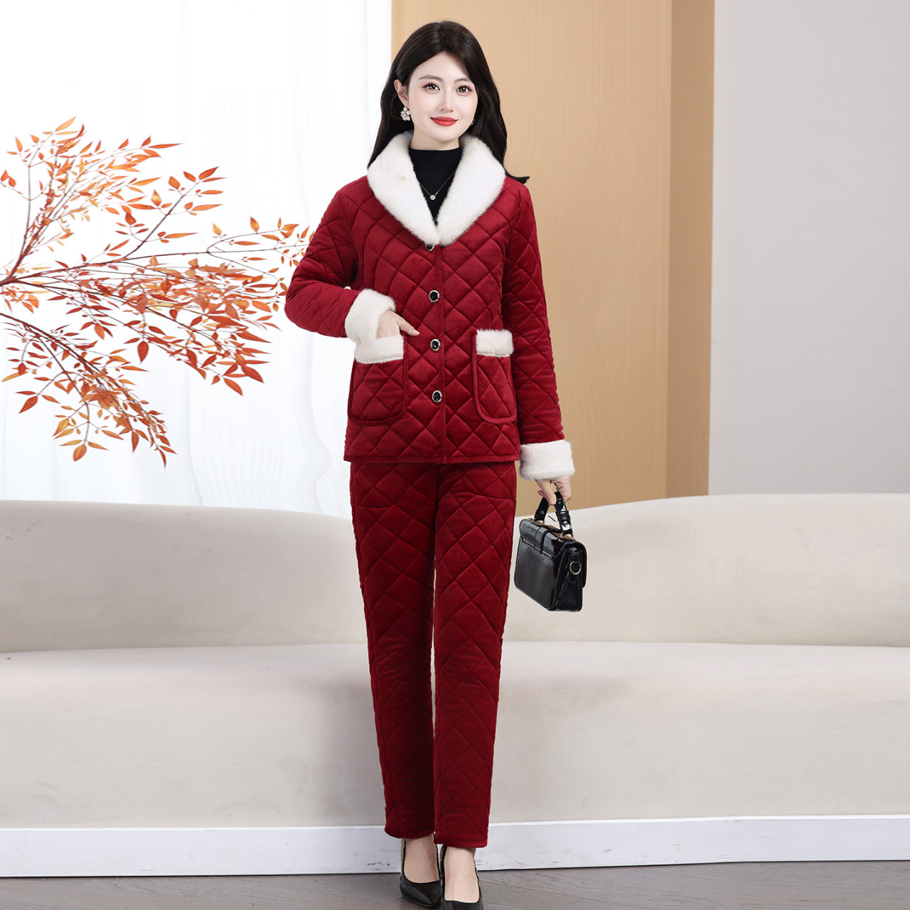 中年妈妈冬装棉衣两件套装加绒加中老年女装