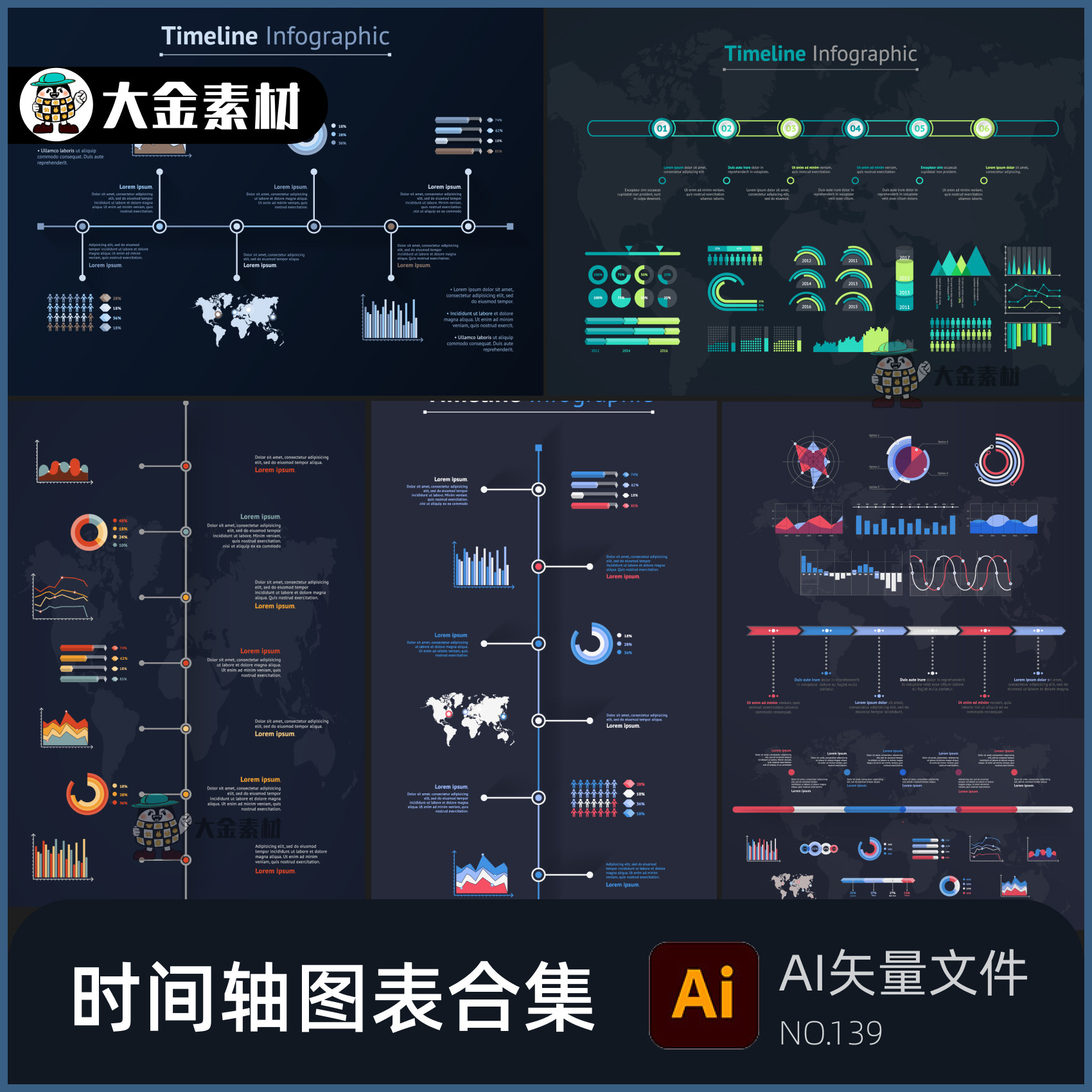 时间轴图表折线柱状发展历程饼状图素材图形 ai矢量源文件139