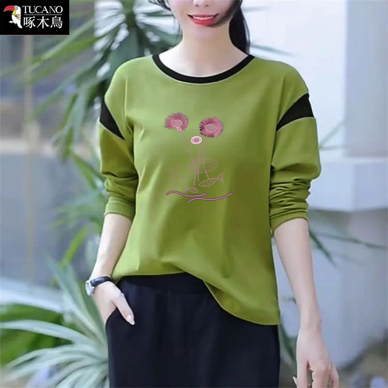 啄木鸟2026年新款圆领大码显瘦上衣女士中年减龄春秋纯棉长袖T恤