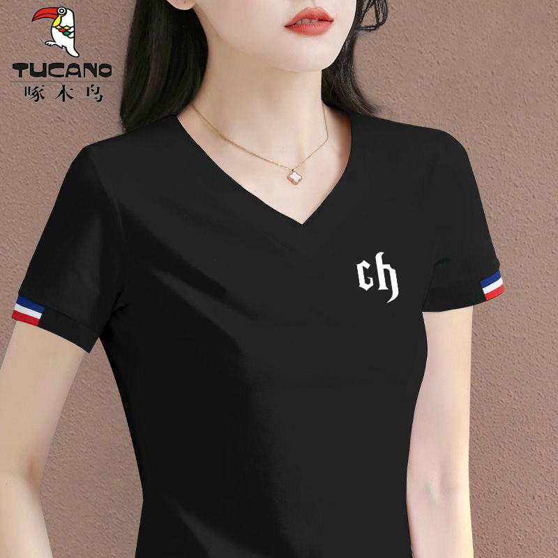 啄木鸟正品2025年新款别致短袖T恤女士夏季韩版薄款设计感V领上衣