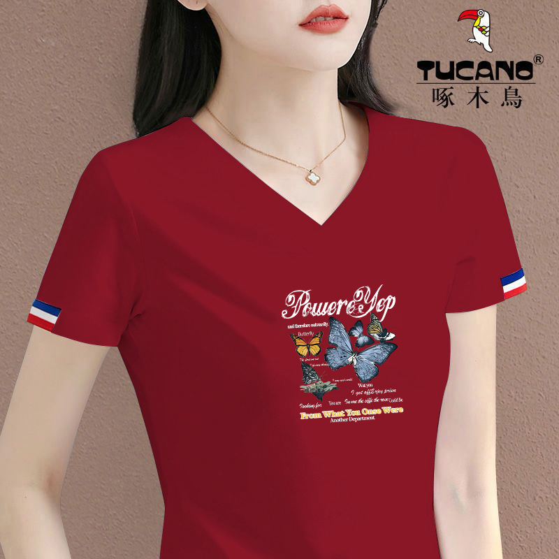 啄木鸟高级感V领显瘦上衣女小罗纹时尚薄款短袖T恤2025年新款夏季