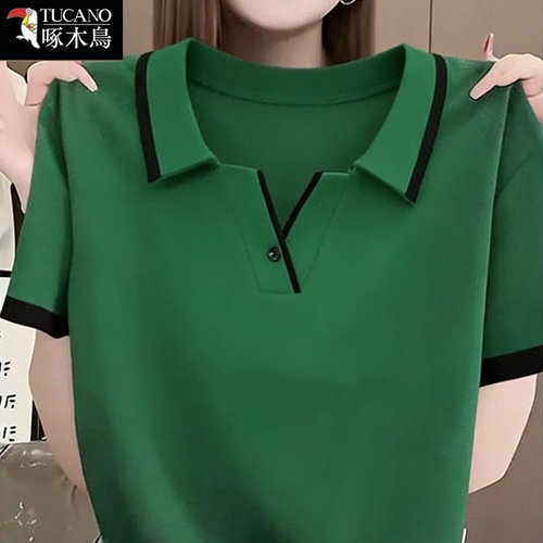 啄木鸟夏季短袖POLO领撞色T恤女