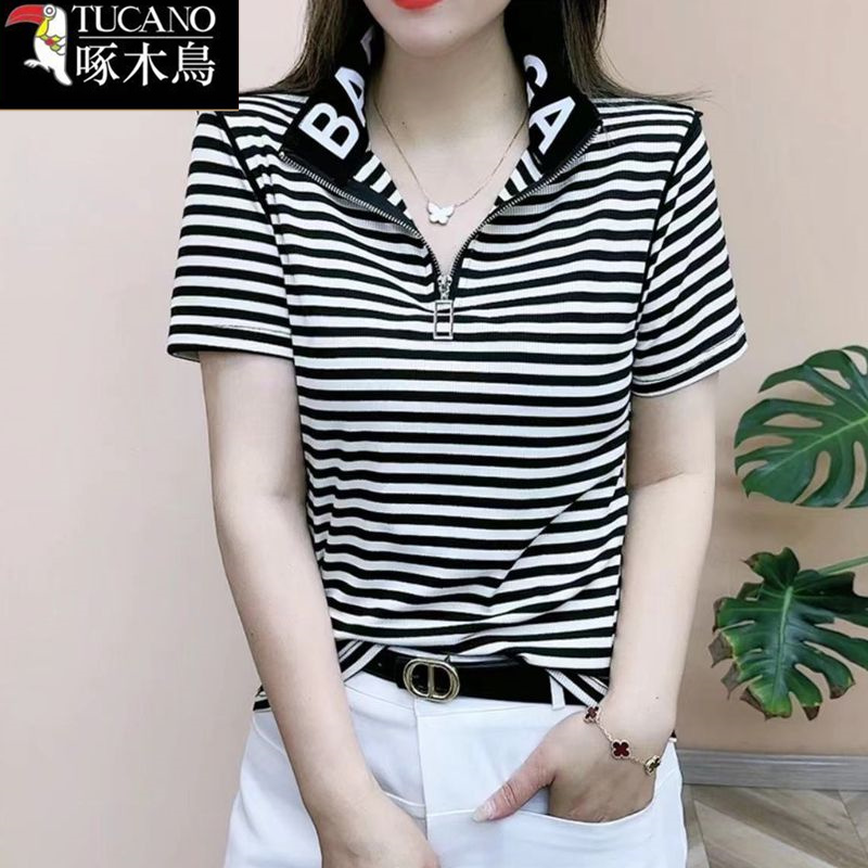 啄木鸟夏季薄款条纹拼色t恤女2025年新款减龄百搭翻领短袖上衣ins