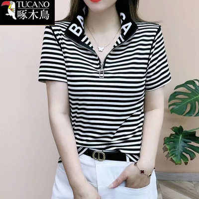 啄木鸟夏季薄款条纹拼色上衣T恤