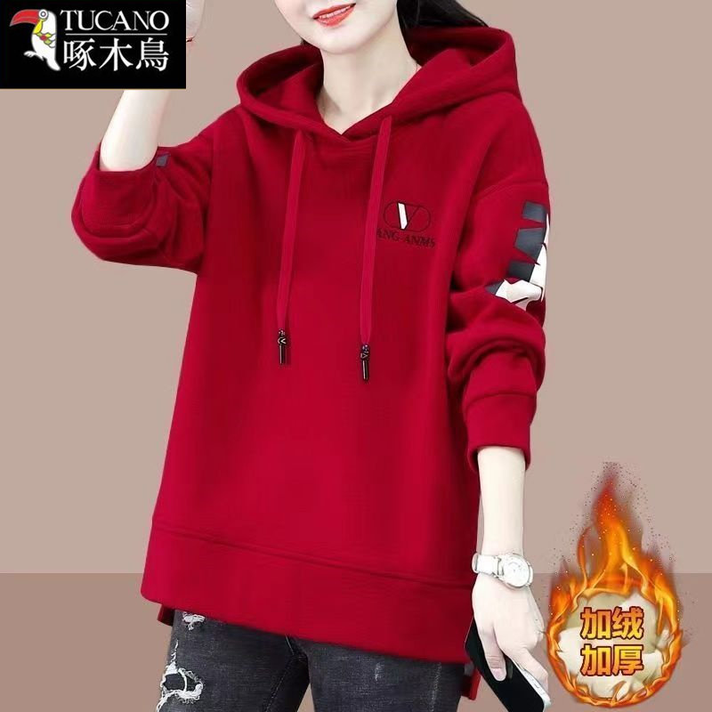 啄木鸟2025蛇年新年红色连帽卫衣女秋冬加绒小个子中长款开叉外套
